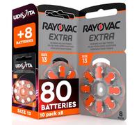 80 Hearing Aid Batteries 13 Rayovac Extra + 8 Udivita Batteries - 10+1 8-Pack PR48 Orange