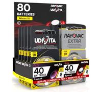 80 Hearing Aid Batteries Size 10 PR70 (Yellow) 10 Blister of 8 with Phono Pulse Technology - 80 Batteries: 40 Rayovac + 40 Udivita