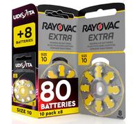80 Hearing Aid Batteries Size 10 Rayovac Extra + 8 Udivita Batteries - 10+1 8-Pack PR70 Yellow