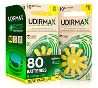 80 Hearing Aid Batteries Size 10 Udirmax PR70 Yellow 0% Mercury Eco Pack Zinc-Air Dynamic Sonar Technology - 8 eco-friendly blister packs of 10 batteries