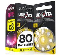 80 Hearing Aid Batteries Size 10 Udivita PR70 (Yellow) Phono Pulse Technology - 10 Blisters of 8 Batteries
