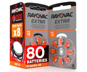 80 Hearing Aid Batteries Size 13 Rayovac Extra PR48 (Orange) Zinc-Air with Sound Fusion Technology - 10 Blisters of 8 Batteries