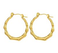 80 Mm, One Pair Hoop Earrings For Women, Lightweight, 18K Vintage, Stainless Steel Imitation Bamboo Design, 90S Retro Style, Click Clasp