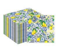 80 Pack Capri Lemon Party Paper Napkins, Blue Tiles Print Lemon Party Disposable Beverage Napkins for Buffet Bridal Shower Wedding Birthday Dinner Party Supplies, 6.5 x 6.5 Inch