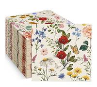 80 Pack Floral Paper Napkins Disposable Vintage Wildflower Luncheon Napkins 6.5 x 6.5"Retro Floral Dessert Dinner Hand Napkin for Birthday Wedding Baby Shower Bridal Shower Supplies(Flower Butterfly).