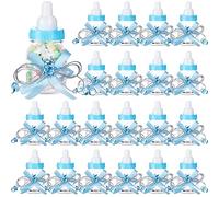80 Pcs 3.5 Inch Baby Mini Milk Bottle Baby Shower Favor with Small Plastic Bear Candy Bottle with Ribbon for Boy Girl Newborn Baptism Party Decor (Blue)