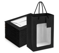 80 Pcs 9.8 x 5.1 x 7.1 in Black Kraft Paper Gift Bags with Window & Handles | Gift Tag Included, Clear Front Display, Cotton Rope, Flat Bottom, Jewelry, Snack, Wedding, Baby Shower, Retail Packaging