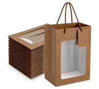 80 Pcs 9.8 x 5.1 x 7.1 in Brown Kraft Paper Gift Bags with Window & Handles | Gift Tag Included, Clear Front Display, Cotton Rope, Flat Bottom, Jewelry, Snack, Wedding, Baby Shower, Retail Packaging