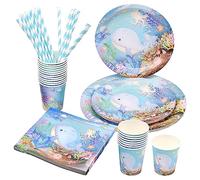 80 Pcs Blue Whale Tableware Set, Including 8.85in and 6.92in Dinner Plates, Napkins, Paper Straws for Baby Shower, Engagement, Wedding, Birthday Party