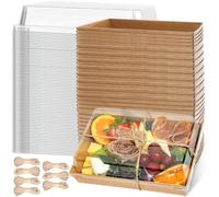 80 Pcs Charcuterie Boxes with Clear Lids, 18 x 13 x 6 cm Dessert Boxes Bulk | Kraft Paper Bakery Cake Boxes with Twine, Disposable Food Takeaway Containers for Sandwich Cupcakes Cookie Fruits, Brown