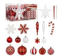 80 PCS Christmas Baubles Set Glitter Shatterproof Bauble Ornaments with Star Tree Topper, Snowflakes, Candy Canes and Hanging Balls for Christmas Tree Decorations Xmas Wreath Garland, Red and White