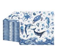 80 Pcs Ocean Napkins - Decorative 6.5x6.5 Inch Disposable Paper Luncheon Napkins with Watercolor Dolphin, Sea Turtle & Whale Prints for Ocean Birthday, Beach Party, Themed Event, Bathroom Hand Towels