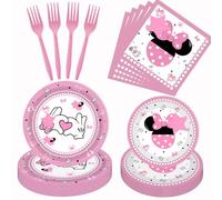 80 Pcs Pink Cartoon Birthday Party Decorations, Pink Girls Dessert Plates Napkins Forks Tableware Kit for Baby Shower Girls 1st 2nd 3rd 4th 5th 6th 7th Birthday Party Decorations Supplies