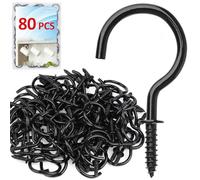80 Pcs Screw Hooks, 1-1/4 Inch Ceiling Hooks for Hanging Plants, Mug Under Cabinet, Screw in Hook for Hanging Coffee Cup, Outdoor String Lights, Key, Christmas, Halloween - Black