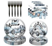 80 Pcs Vintage Race Car 2nd Birthday Party Decorations - Two Fast Dessert Plates Napkins Forks Tableware Kit for Boys Vintage Racing Car Theme Two Years Old Birthday Party Supplies Decorations