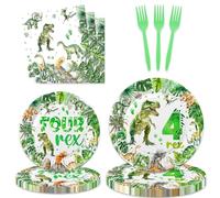 80 Pcs Watercolor Dinosaur 4th Birthday Party Supplies Roar I'm Four Birthday Tableware Includes Plates, Forks, Napkins for Boys 4 Rex Dinosaur Four Year Old Birthday Party Decorations Favors