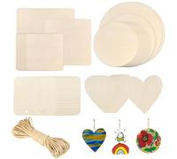 80 Pieces Unfinished Blank Wood Slices, 8 Sizes Pyrography Wood Blanks Hearts Round Square Natural Wooden Discs with Twine for Crafts Coasters DIY Decor Painting