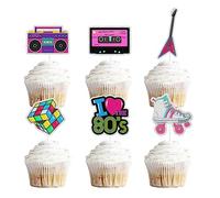 80’s Retro Dessert Cupcake Toppers,18pcs I Love 1980's Themed Happy Birthday Party Decorations,Retro Skateboard Roller Skates Radio Electric Guitar Cake Decor