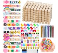 80 Set Cheer Pins Spirit Clips Clothes Wooden Pins for Backpacks Include 90 Mini Resin Animals 30 Mini Bows 500 Beads Cheer Clothespins Decorations Ribbon Team Classroom Cheer Gifts Bulk(Natural)