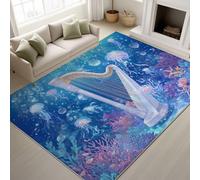 80 x 120 cm Blue Machine Washable Rugs Crystal harp Bubbles Fish Coral Jellyfish Area Rug Fantasy Cartoon Dreamy Non-Slip Fairy Tale Artistic Ocean Short Pile rugs for Kids room