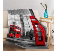 80 x 150 cm Flannel Fleece Throw Blanket for Sofa, Red Gray Soft Fluffy Sofa Blanket with Decorative Building Telephone Booth Car Pattern for All Season, Warm and Lightweight