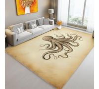 80 x 150 cm Machine Washable Area Rug for Living Room - Soft Low Pile Non-Slip Carpet, Retro Creature Octopus Printed Design, Stain Resistant Floor Mat for Kitchen Dining Room, Beige