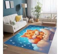 80 x 150 cm Soft Area Rug for Living Room - Cartoon Clouds Fox Print Washable Non Slip Carpet, Blue Low Pile Flannel Kids & Pet Friendly Rug for Bedroom Office Ding Room Decor