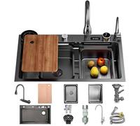 80 x 50 cm Waterfall Sink, Stainless Steel Black Grey Kitchen Sink, Waterfall Sink with Display Screen, 1 Basin, Large Workplace Kitchen Sink with Chopping Board, Siphon, Overflow and Drain Set