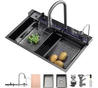 80 x 50 cm Waterfall Workstation Kitchen Sink, Black Anthracite Stainless Steel Single Bowl Multifunction Kitchen Sink with Integrated Pull-Out Tap & Smart Digital Display, Modern Kitchen Sink Set
