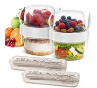 800 ml Overnight Oats Jar Plastic Yogurt Pot Overnight Oats Container, Breakfast Pots with Lids for On-the-Go, Porridge Container, Dishwasher Safe, BPA Free - Includes 2 Cutlery Sets (White_2Pack)