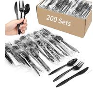 800 Pcs Black Plastic Cutlery Set, Reusable Utensils, Include Forks, Spoons,Knives and Napkins,Bulk Plastic Silverware for Picnic BBQ Camping Party Take-Out Catering,Individually Wrapped