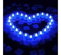 800 Pieces Artificial Rose Petals with 24 Pieces Romantic Heart Flameless Candle Love LED Tealights Candle for Romantic Night for Him Set Anniversary Wedding Honeymoon (Blue)