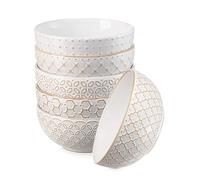 800ml Cereal Bowls Set of 6, Φ15.2cm Embossed Soup Bowls for Kitchen, Large Ceramic Deep Bowls for Oatmeal, Salad, Pho, Fruits, Noodle, Ramen, Microwave Dishwasher Safe | Vintage White