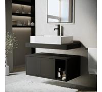 800mm Black Wall Hung Countertop Vanity Unit with Rectangular Basin and Shelves - Porto