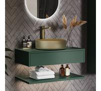 800mm Green Wall Hung Countertop Vanity Unit with Brass Basin and Shelf - Lugo