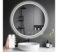 800mm Round-Bathroom-Mirror-with-LED-Lights and Bluetooth, Illuminated Wall Mounted Smart Mirror with Anti-Fog, Touch, 3 Colors Dimmable, Memory Function, LED-Bathroom-Mirror with Black Metal Frame