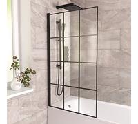 800mm Square Bath Screen Black Profile with Grid Glass Reversible | Sheen