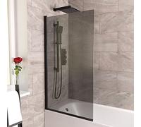 800mm Square Bath Screen Matt Black Profile Grey Tinted Glass Reversible | Sky