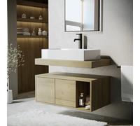 800mm Wood Effect Wall Hung Countertop Vanity Unit with Rectangular Basin and Shelf - Porto