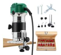 800W Electric Palm Router Tool, Professional Wood Trimmer with Metal Base, 6 Variable Speeds 33000RPM Power Router with 15PCS 1/4" Router Bits Set & 2 Collets (6.0mm/6.35mm) (Gear Cover -Green)