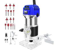 800W Electric Wood Palm Router Tool, Brushless Handheld Power Routers with with Trimmer Transparent Base, 15Pcs 1/4"(6.35mm) Bits Set and Straight Guide, for Woodworking, Blue