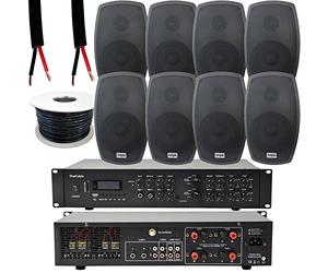 800W LOUD Outdoor Bluetooth Sound System | 8x 140W Black Speaker | 4 Channel / Zone Matrix HiFi Mixer Amplifier Amp Kit | Powerful Wireless Music | Weatherproof Garden Party Event Audio | Echo Alexa
