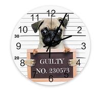 803 Round Wall Clock Guilty Dog Pug With Number Board In Jail Arabic Numeral Clock Modern Print Clock Easy Readable Clock 9.8Inch For Living Room, Garage, Rustic