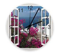 803 Round Wall Clock Window Frame View Santorini Greece And Bloming Bougainvillea Round Clock Stylish Wall Clock Colorful Clock 9.8Inch For Room, Garage, Kitchen