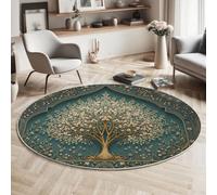 80cm Eastern Traditional Style Trees In Full Bloom Pattern Round Area Rug for Kids Room, Playroom, Office, Unisex, All Seasons, Washable, Non Slip, Low Pile, Blue, Indoor, Decorative Floor Covering