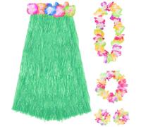 80cm Hawaiian Long Green Hula Skirt & Lei I Love Fancy Dress Green 3 Pack