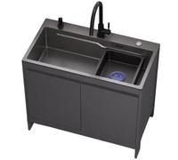 80cm Kitchen Sink with Cabinet Unit, 304 Stainless Steel Single Bowl, Waterproof Aluminium Vanity with Mobile Basin, Freestanding Utility Sink with Hot & Cold Tap, Soap Dispenser