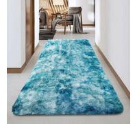 (80cm x 300cm (2 ft 6 in x 10 ft)- Extra Large Runner Rug Carpet) Blue Marble Shaggy Rug - Teal Soft Carpet for Bedroom, Living Room & Modern Home Décor