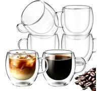 80ML Double Walled Glass Coffee Mugs, Set of 6 Clear Cappuccino Mug, Double Insulated Glass Coffee Cups with Handle, Espresso Mugs for Cappuccino, Latte, Tea, Hot/Cold Drink
