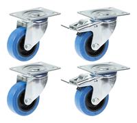 80mm 3" castor blue rubber swivel & brake strong 560kg capacity, set of 4